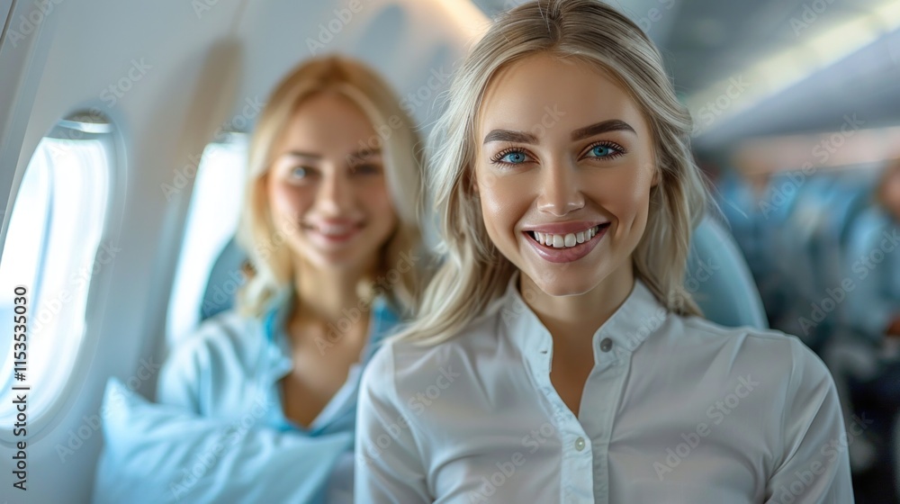 Fototapeta premium Portrait of two beautiful businesswomen looking at camera and smiling while flying in airplane