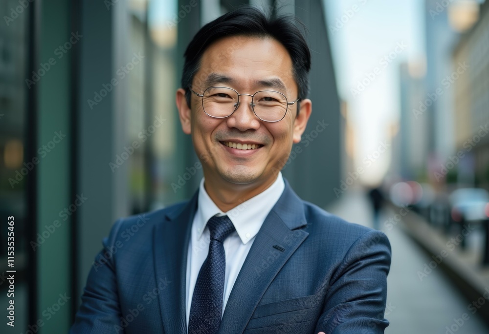 A smiling man in a suit and glasses stands confidently in the city. A smiling man in a suit and glasses stands confidently in the city.