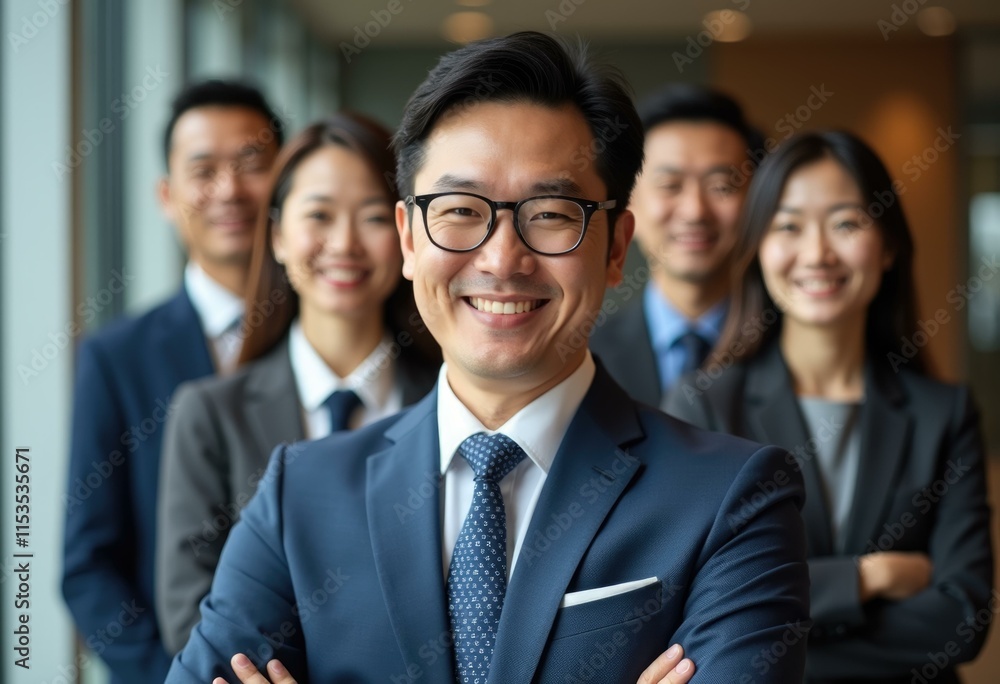Fototapeta premium A group of smiling business professionals in suits stand together, looking confident and ready for success.