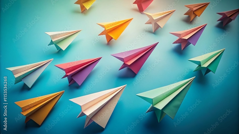 Minimalist Paper Airplanes Flying Different Directions, Creative Thinking Concept Stock Photo Minimalist Paper Airplanes Flying Different Directions, Creative Thinking Concept Stock Photo
