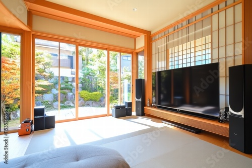 Modern living room with synchronized music system and outdoor view in serene environment