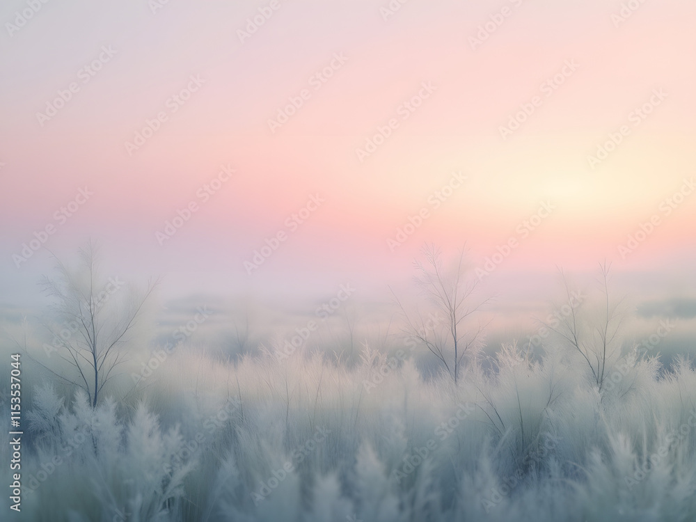 Fototapeta premium Tranquil Winter Landscape with Frost-Covered Trees and a Soft Pastel Sunrise