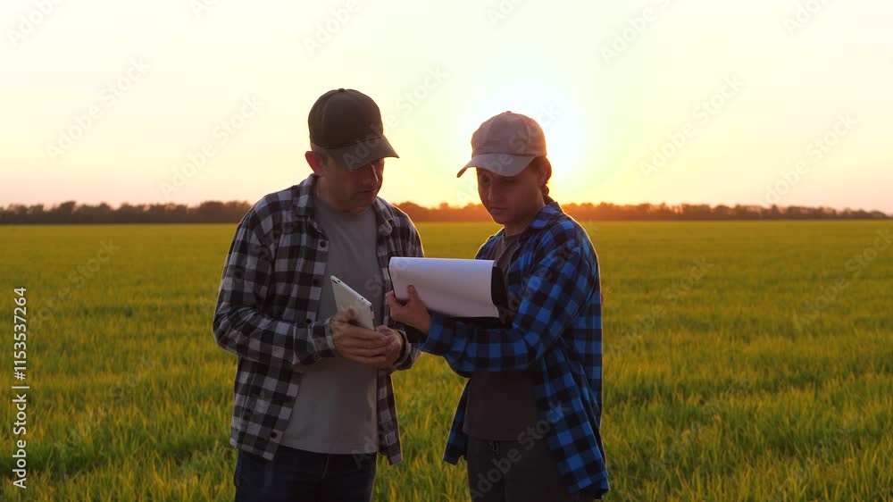 farmers discussion in green field. A conversation two farmer with hand tablet and paperwork. handshake. agriculture farmers discussion in green field. A conversation two farmer with hand tablet and paperwork. handshake. agriculture
