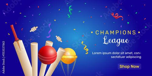 Cricket champions league social media banner design with bat, stumps and golden trophy