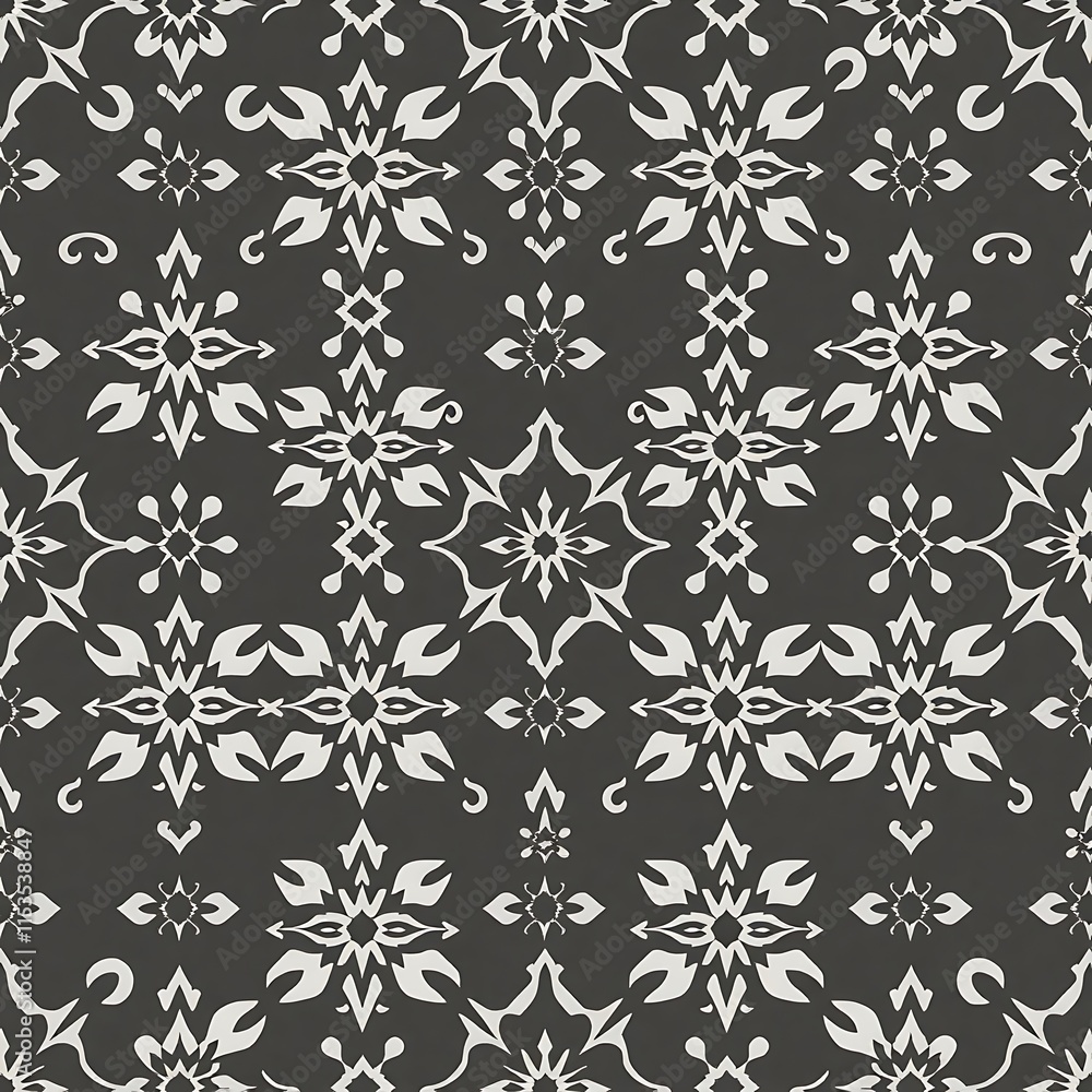 Intricate Floral Pattern: A seamless pattern featuring delicate white floral motifs on a rich charcoal background, exuding a sense of classic elegance and timeless charm.  