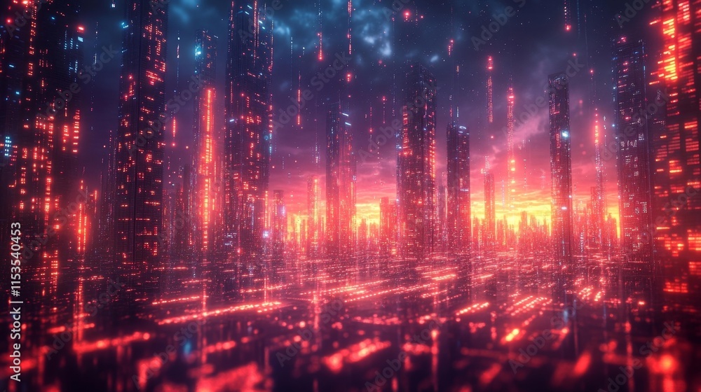 Fototapeta premium Futuristic Digital Cityscape with Neon Light Effects. Generative AI