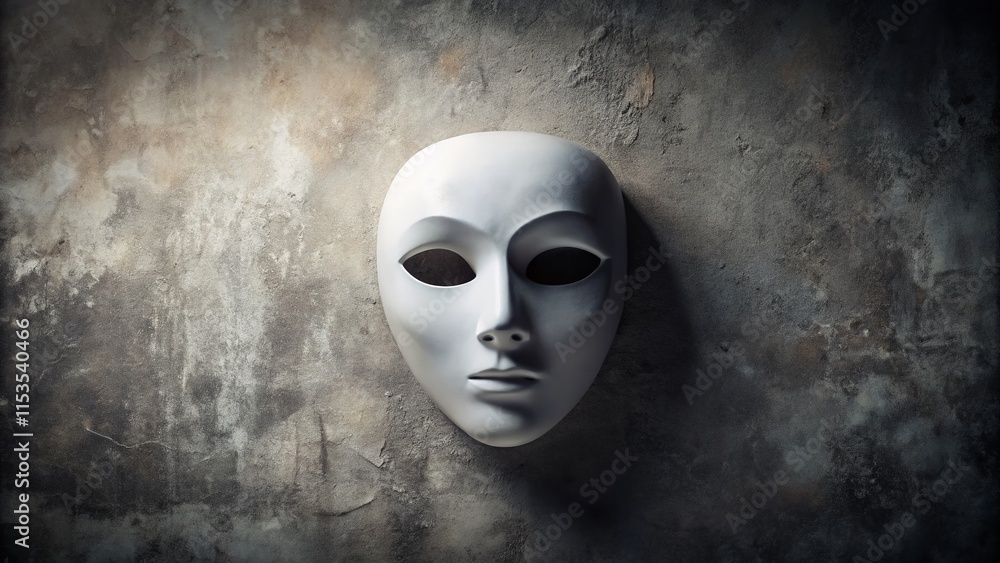 Minimalist White Mask on Gray Grunge Background - Stock Photo Minimalist White Mask on Gray Grunge Background - Stock Photo