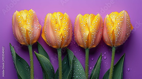 Vibrant yellow and pink tulips with water droplets rest against a purple background, showcasing their natural beauty in a floral display. photo