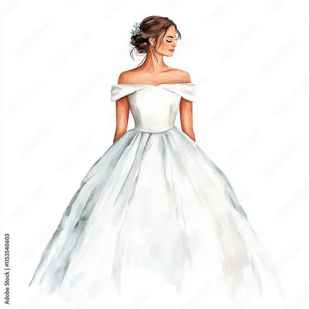 Fototapeta premium Watercolor Bride in Elegant Wedding Gown Soft Pastel Colors Whimsical Illustration