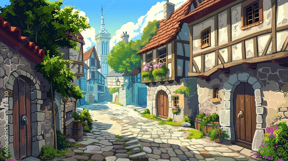 Fototapeta premium A cartoon illustration of a cobblestone street in a medieval town.