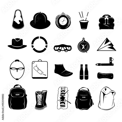 a black and white icons of various items photo