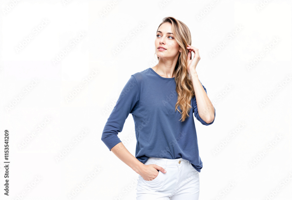 Stylish Woman in Casual Outfit Posing Against White Background Looking Thoughtful on White Background Stylish Woman in Casual Outfit Posing Against White Background Looking Thoughtful on White Background