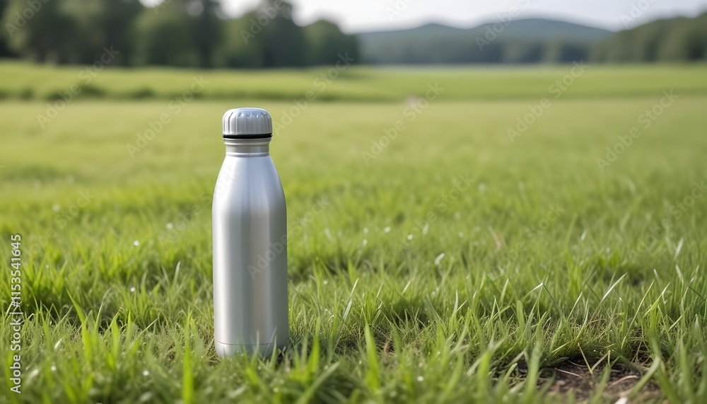 A silver metal water bottle on a grassy field with blurred nature in the background A silver metal water bottle on a grassy field with blurred nature in the background