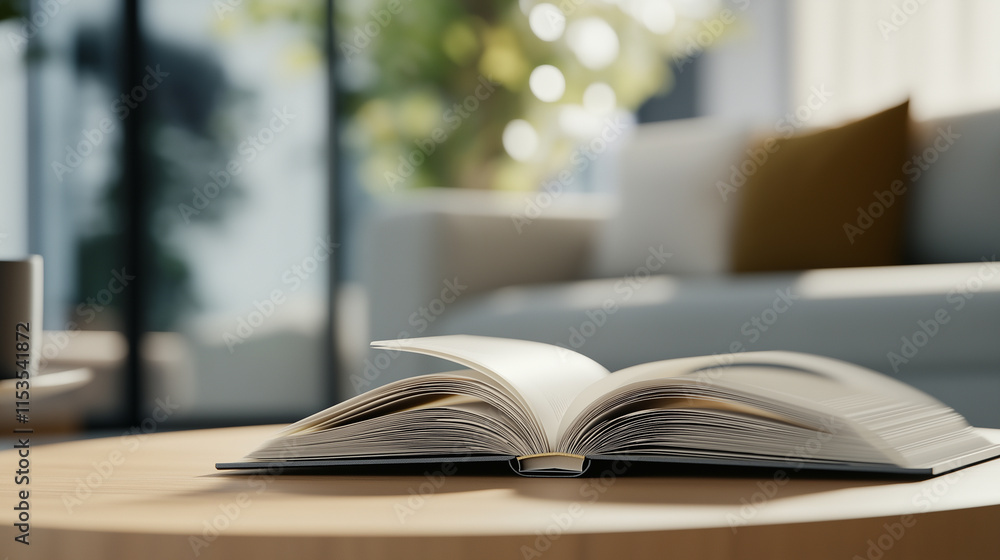 An open book resting on a wooden table in a cozy, sunlit living room with soft focus on the background. An open book resting on a wooden table in a cozy, sunlit living room with soft focus on the background.