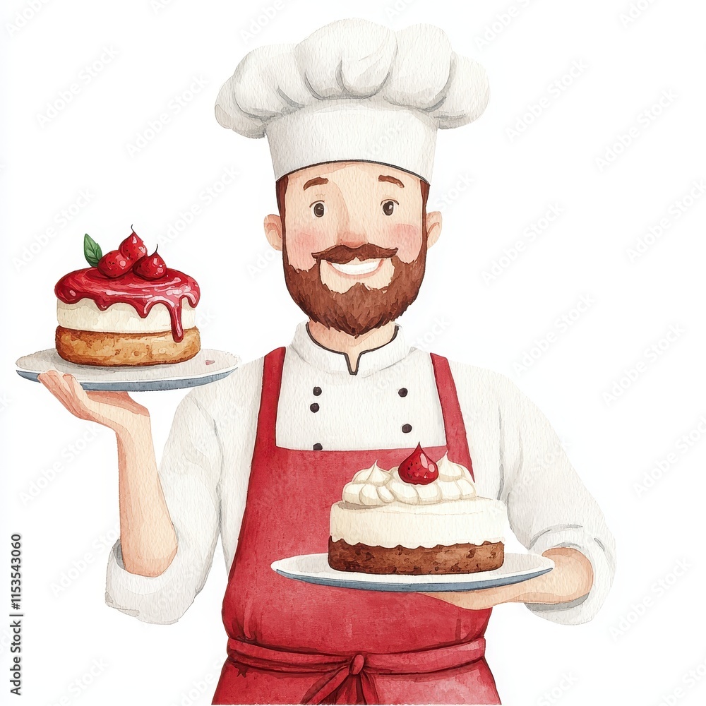 Happy Chef Holding Delicious Cakes Watercolor Illustration Bakery Food Dessert Happy Chef Holding Delicious Cakes Watercolor Illustration Bakery Food Dessert