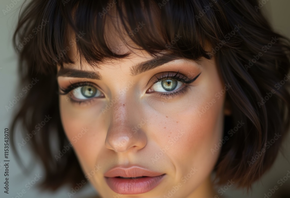 Close-up portrait of a woman with short brown hair and captivating green eyes. Close-up portrait of a woman with short brown hair and captivating green eyes.