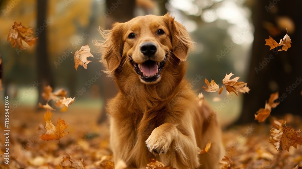 Happy golden retriever playing in leaves during autumn in a park Happy golden retriever playing in leaves during autumn in a park