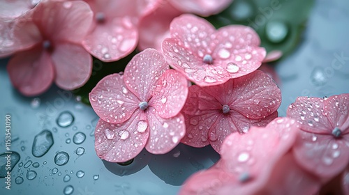 A close-up of pink hydrangea flowers adorned with water droplets, showcasing delicate beauty and freshness in a serene natural setting. photo