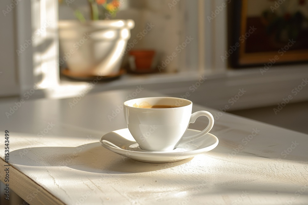 Minimalist coffee setting with a white cup and saucer Minimalist coffee setting with a white cup and saucer