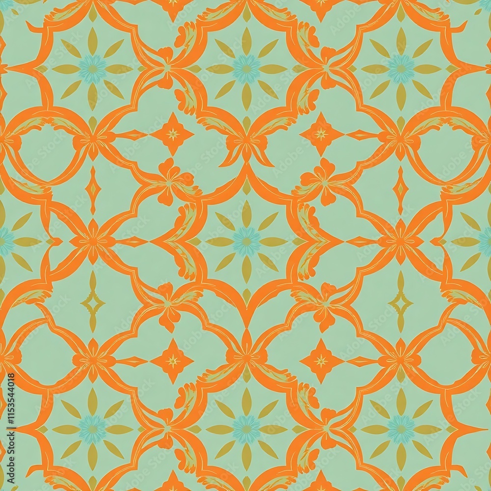 Fototapeta premium Orange and Teal Tile Pattern: A vibrant and intricate tile pattern featuring a captivating combination of orange and teal hues. Perfect for creating a stylish and contemporary design aesthetic. 