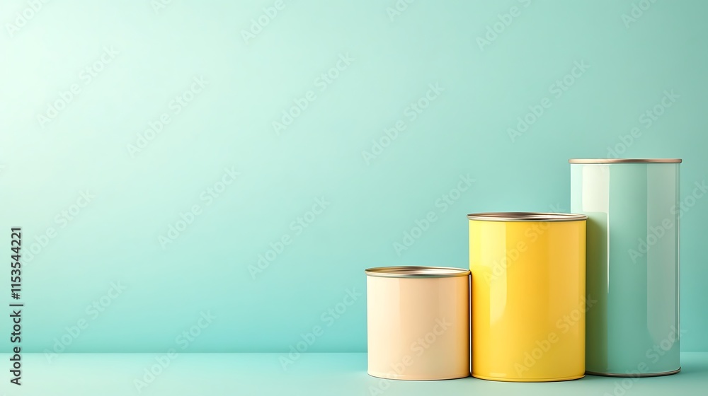 Pastel-Colored Cans Elegantly Arranged on a Soft Teal Background: Close-Up Product Photo Mockup. AI Generated Pastel-Colored Cans Elegantly Arranged on a Soft Teal Background: Close-Up Product Photo Mockup. AI Generated