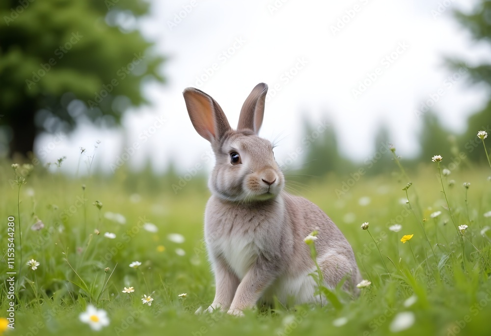Fototapeta premium A young rabbit sitting on a flowery meadow with blurred green foliage in the background