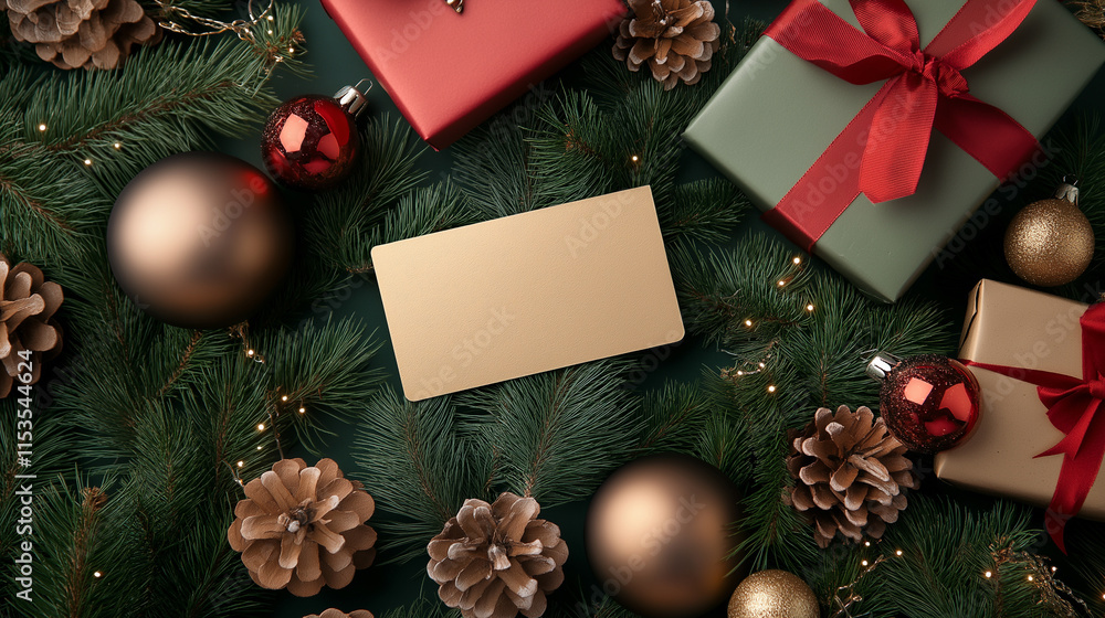 Obraz premium Christmas-themed flat lay with pine branches, wrapped gifts, golden ornaments, and a blank card in the center for customization.