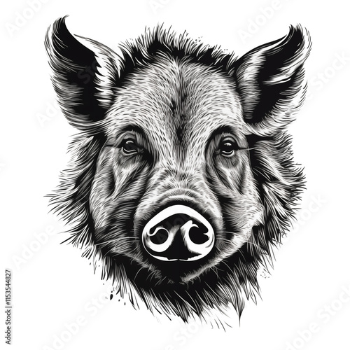 a black and white drawing of a pig's face