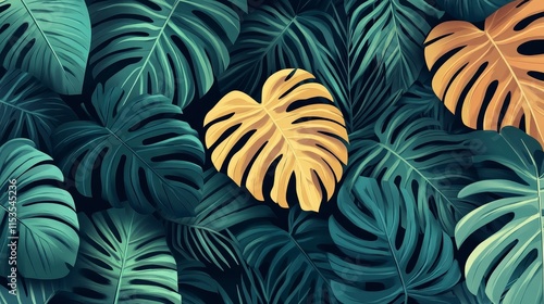 Vibrant Tropical Leaves Composition with Yellow Heart-shaped Leaf