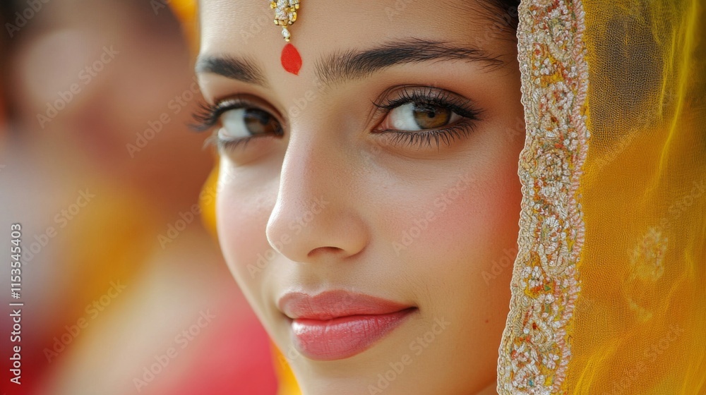 Young Woman in Yellow Veil Wearing Traditional Indian Attire Young Woman in Yellow Veil Wearing Traditional Indian Attire