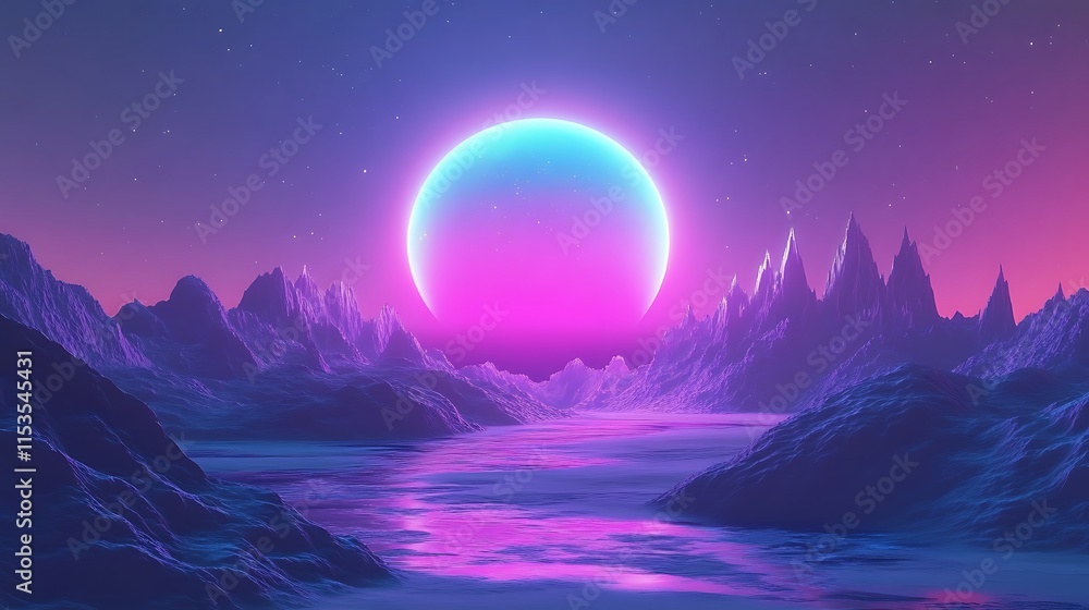 Vibrant Neon Circle Illuminates Futuristic Mountain Landscape: 3D Render in Synthwave Style. AI Generated Vibrant Neon Circle Illuminates Futuristic Mountain Landscape: 3D Render in Synthwave Style. AI Generated