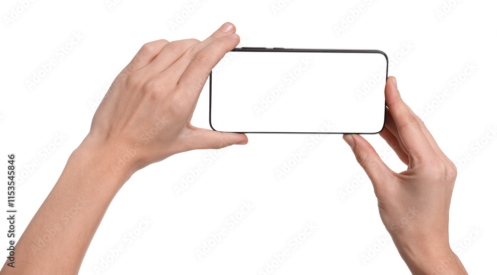 Woman with modern smartphone on white background, closeup Woman with modern smartphone on white background, closeup