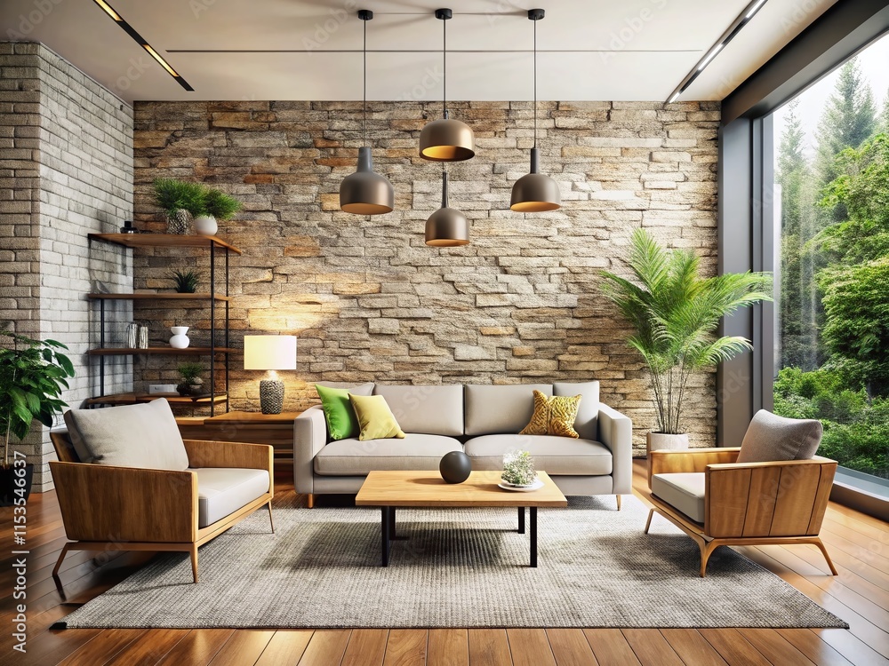 Modern Minimalist Interior Design with Stone Wall Accent - Stock Photo Modern Minimalist Interior Design with Stone Wall Accent - Stock Photo