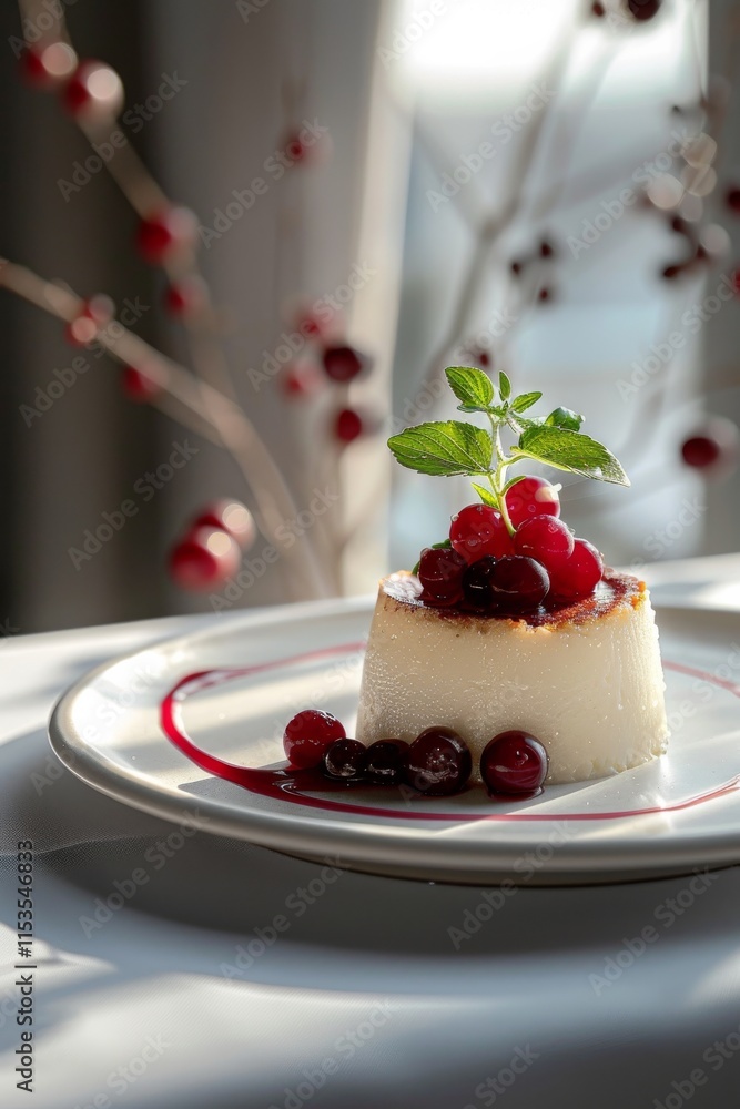 Minimalist presentation of a festive dessert on a pristine white plate Minimalist presentation of a festive dessert on a pristine white plate