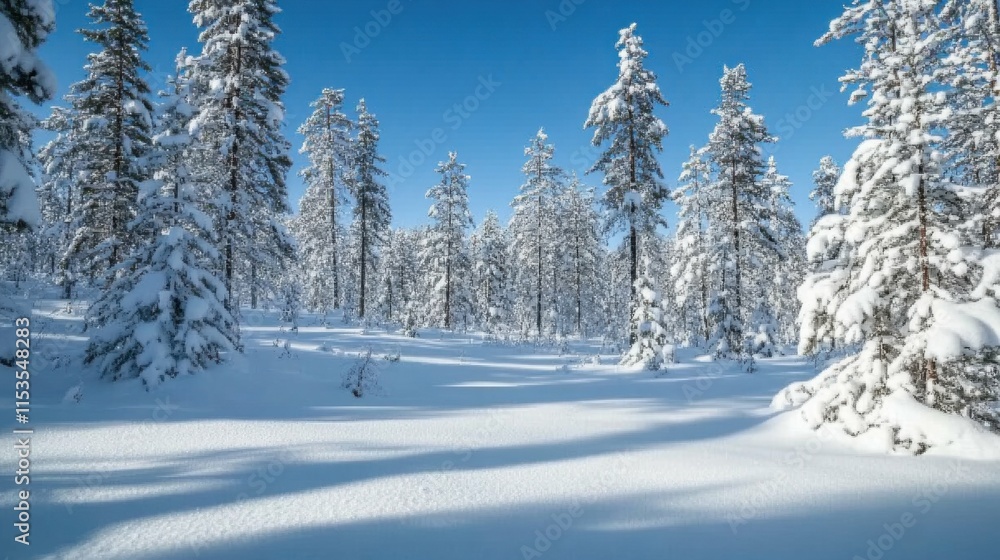 Serene wintry forest landscape with snow-covered trees on a clear winter day in northern finland, showcasing the pristine beauty Serene wintry forest landscape with snow-covered trees on a clear winter day in northern finland, showcasing the pristine beauty