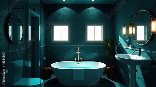 A lavish and colorful depiction of a modest bathroom hideaway with dramatic lighting, a deep teal color scheme, great contrast, and visual tension photo