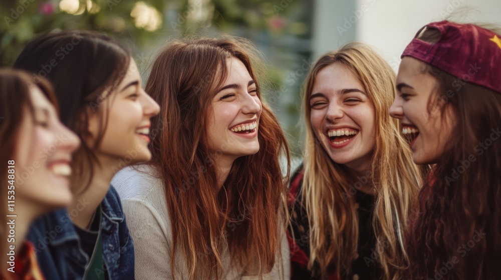 Obraz premium Friends laughing together outdoors during a sunny afternoon