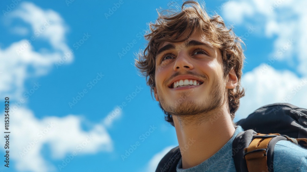 Happy Young Man Smiling Against Blue Sky Happy Young Man Smiling Against Blue Sky