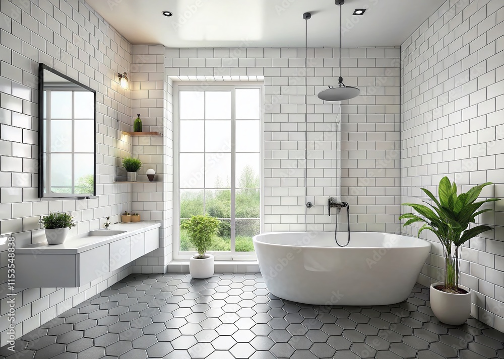 Fototapeta premium Modern White Bathroom with Subway Tile Shower & Black Hexagon Floor - Stock Photo