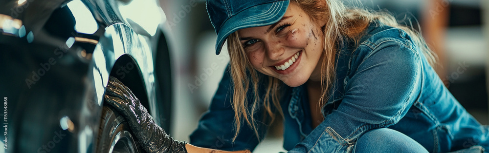 beautiful girl worker at auto repair shop for wheels beautiful girl worker at auto repair shop for wheels