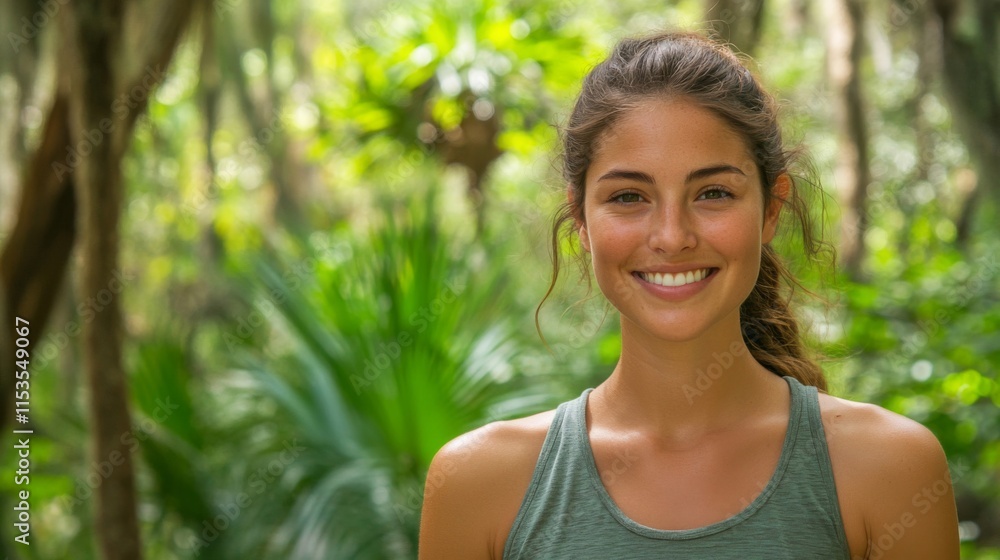Smiling Woman Outdoors in Lush Green Forest Smiling Woman Outdoors in Lush Green Forest