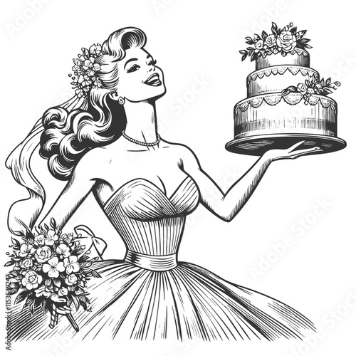 smiling bride holding a wedding cake and bouquet, symbolizing celebration, elegance, and romance sketch engraving generative ai vector illustration. Scratch board imitation. Black and white image.
