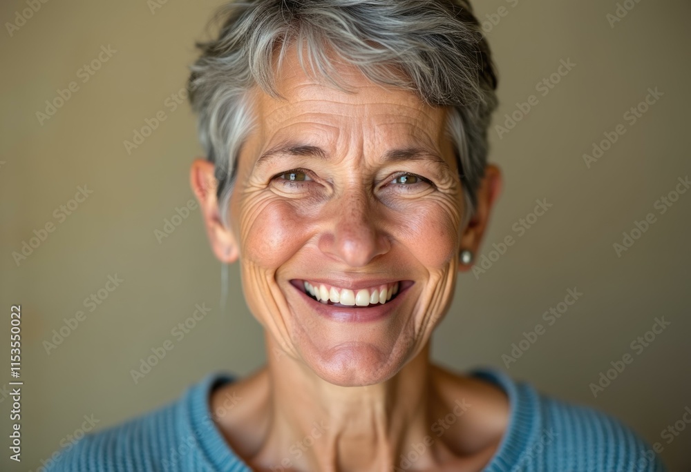A close-up portrait of a smiling woman with short gray hair. A close-up portrait of a smiling woman with short gray hair.