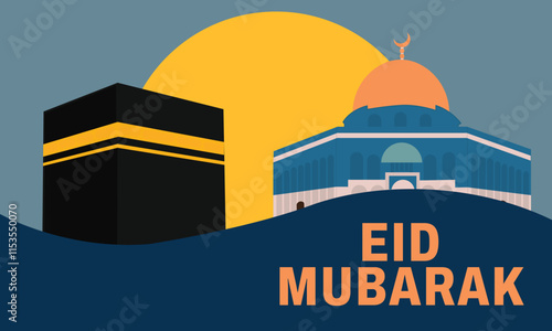 islamic greeting eid mubarak card design with beautiful ka'bah and mosque al aqsa.