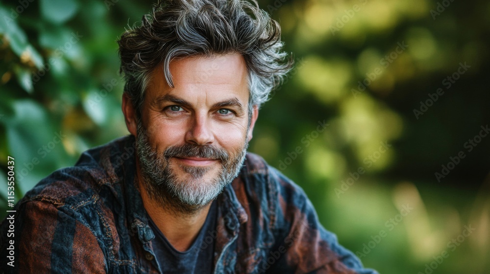 A Man with Graying Hair Smiles Outdoors A Man with Graying Hair Smiles Outdoors