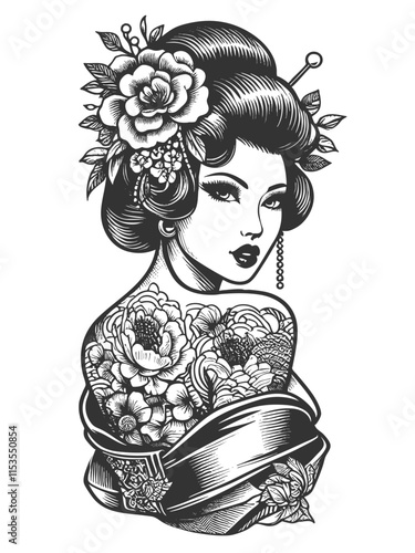 geisha with an ornate floral tattoo, traditional hairstyle, and decorative kimono detailing sketch engraving generative ai vector illustration. Scratch board imitation. Black and white image.