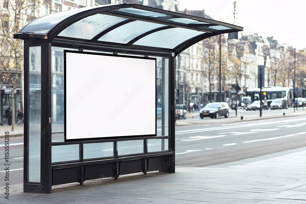 Naklejka premium Empty Bus Stop Billboard in Urban Cityscape