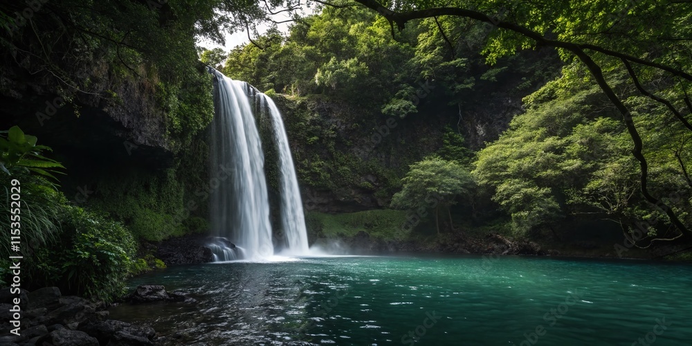 Fototapeta premium Mystical Glowing Waterfall: Ethereal Light & Minimalist Nature Scene