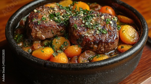 Close-up of two seared beef medallions in a dark bowl with roasted vegetables and herbs.