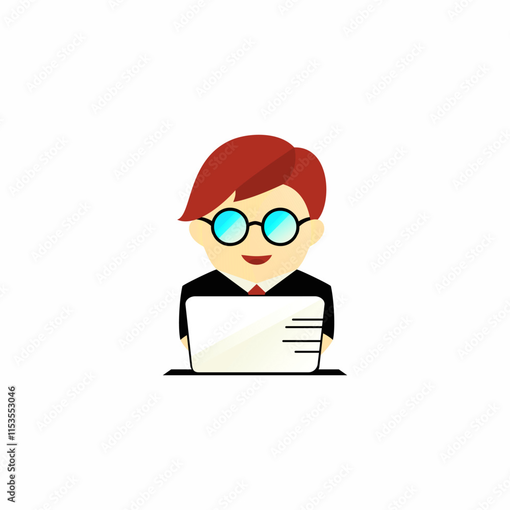 An illustrated avatar of a cheerful office worker with red hair, wearing round glasses, a black suit, and a red tie. The character is sitting in front of a laptop with a minimalistic and professional An illustrated avatar of a cheerful office worker with red hair, wearing round glasses, a black suit, and a red tie. The character is sitting in front of a laptop with a minimalistic and professional
